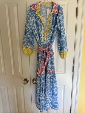 Blue Floral Midi Shirt Dress with Pink & Yellow Trim